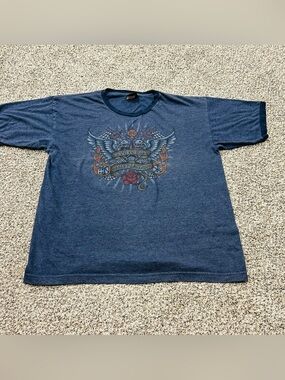 Harley-Davidson Shirt Mens XL Blue Ringer Biker Wings Dice Emo Goth Y2K